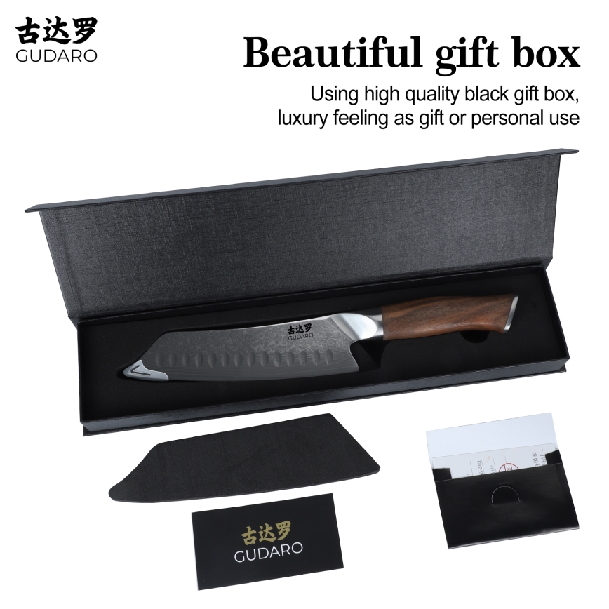 Gudaro - Cuchillo de cocina Santoku TAKUMI 7, acero damasco de 67 capas, longitud 17,5 cm, mango de nogal