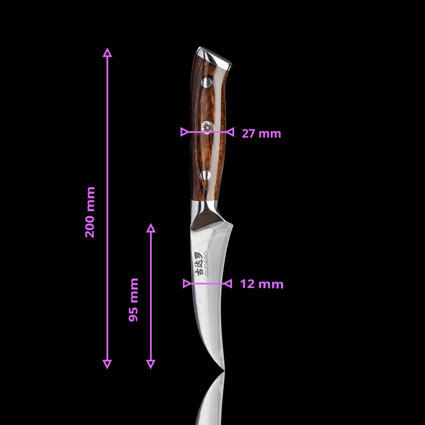 Gudaro -Cuchillo de cocina de damasco para frutas FENG 3,5, acero damasco de 67 capas, longitud 9,5cm
