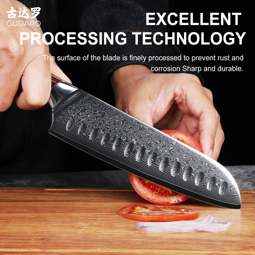 Gudaro - Cuchillo Santoku de cocina KENSHO 7, acero de Damasco de 67 capas, longitud de la hoja 17,5 cm