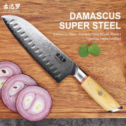 Gudaro - Cuchillo de cocina Santoku de Damasco HIKARI 7, 67 capas de acero, longitud 17,5 cm