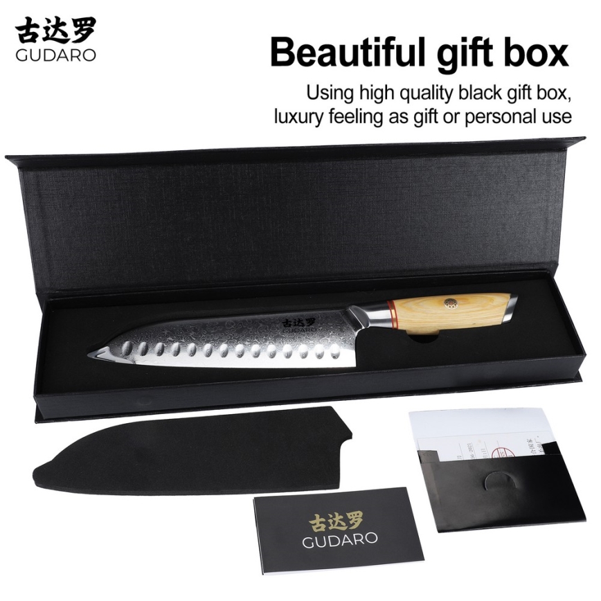 Gudaro - Cuchillo de cocina Santoku de Damasco HIKARI 7, 67 capas de acero, longitud 17,5 cm