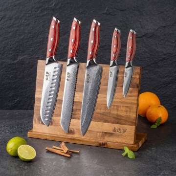 Gudaro - Juego de 5 cuchillos de cocina de dámasco KENSHO + soporte magnético