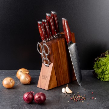 Gudaro - Juego de cuchillos de cocina con bloque KENSHO, 7 piezas, acacia