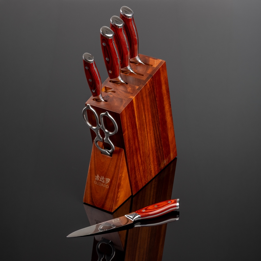 Gudaro - Juego de cuchillos de cocina con bloque KENSHO, 7 piezas, acacia
