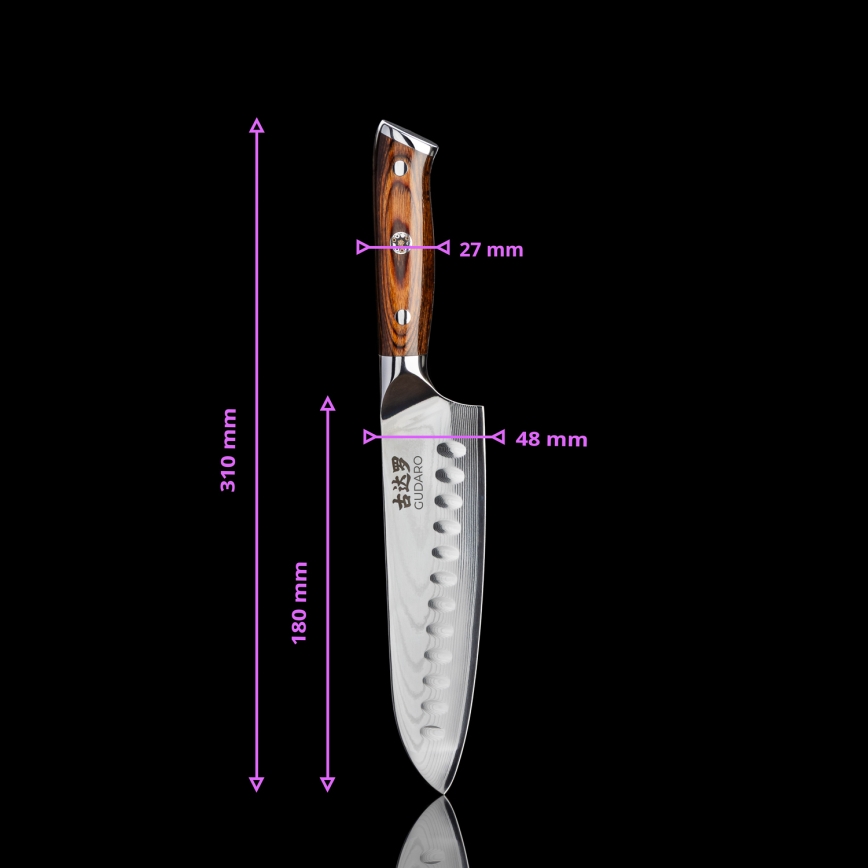 Gudaro - Pack de 2 cuchillos Santoku de Damasco FENG 7,5, 67 capas de acero, longitud 18 cm + 1x GRATIS cuchillo de cocina para frutas de Damasco FENG 3,5, 67 capas de acero, longitud 9,5 cm