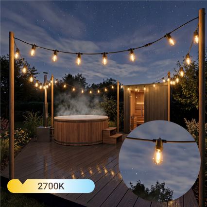 Guirnalda decorativa solar LED regulable 10xE27/0,3W/3/5V USB 2400 mAh 10,62 m IP65 negro + mando a distancia