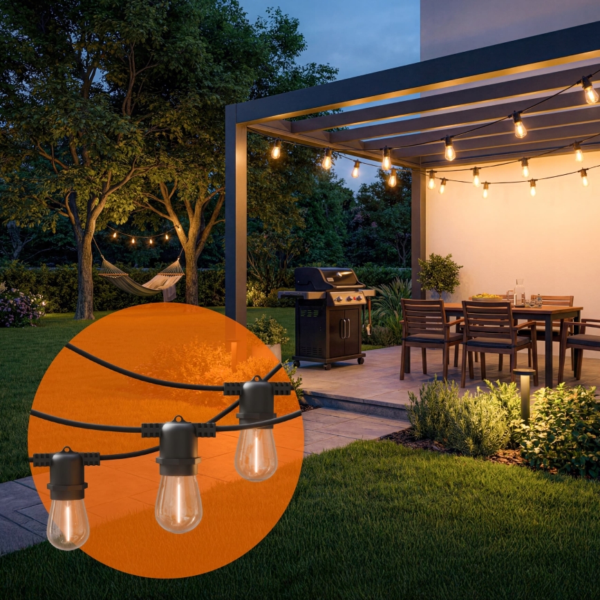 Guirnalda decorativa solar LED regulable 10xE27/0,3W/3/5V USB 2400 mAh 10,62 m IP65 negro + mando a distancia