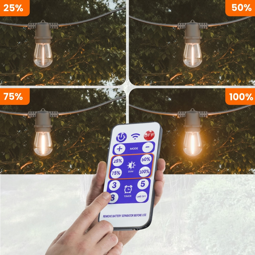 Guirnalda decorativa solar LED regulable 10xE27/0,3W/3/5V USB 2400 mAh 10,62 m IP65 negro + mando a distancia