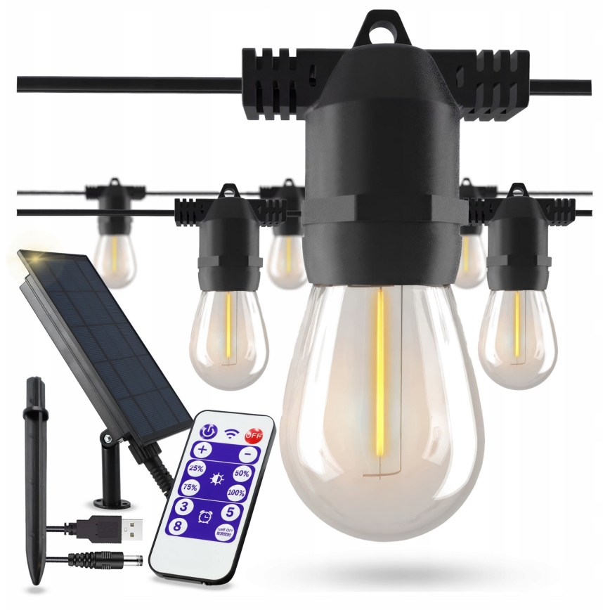 Guirnalda decorativa solar LED regulable 10xE27/0,3W/3/5V USB 2400 mAh 10,62 m IP65 negro + mando a distancia