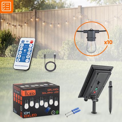 Guirnalda decorativa solar LED regulable 10xE27/0,3W/3/5V USB 2400 mAh 10,62 m IP65 negro + mando a distancia
