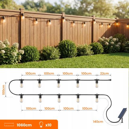 Guirnalda decorativa solar LED regulable 10xE27/0,3W/3/5V USB 2400 mAh 10,62 m IP65 negro + mando a distancia