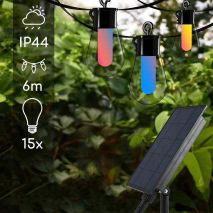Guirnalda decorativa solar LED RGB regulable 15xLED/18 funciones USB 6 m IP44 negra + mando a distancia