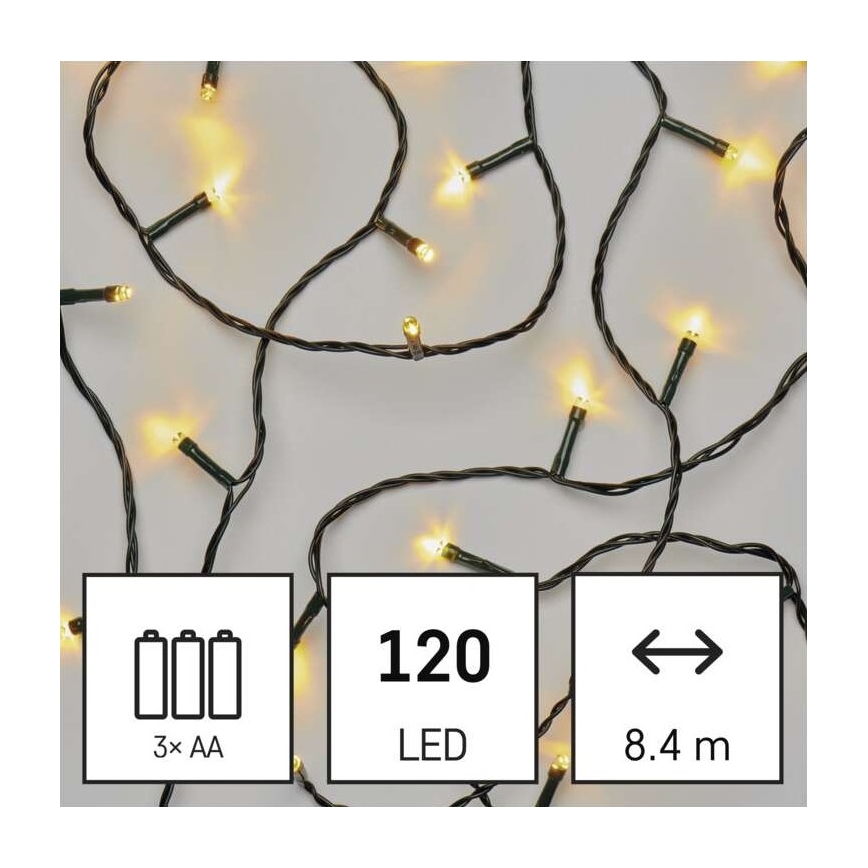 Guirnalda LED para exterior, 120 LEDs, 3×AA, 8,9 m, IP44, blanco cálido