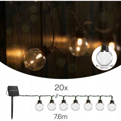 Guirnalda solar decorativa LED, 20 LEDs, 8 funciones, 500 mAh, 7,6 m, IP67, blanco cálido
