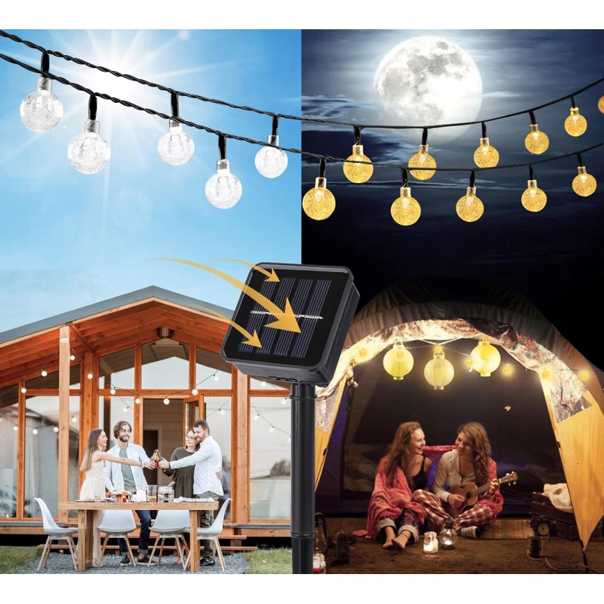 Guirnalda solar decorativa LED, 50 LEDs / 8 funciones, 500 mAh, 9,5 m, IP67, blanco cálido