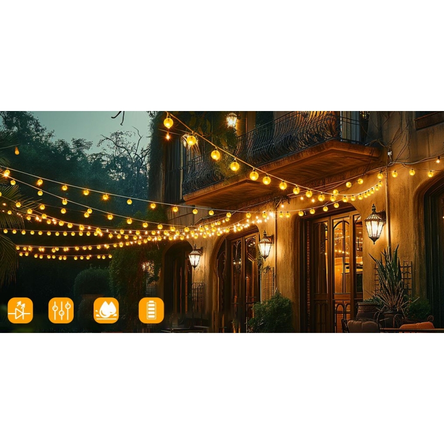 Guirnalda solar decorativa LED, 50 LEDs / 8 funciones, 500 mAh, 9,5 m, IP67, blanco cálido