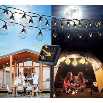 Guirnalda solar decorativa LED de 30 LEDs / 8 funciones, 500 mAh, 10,6 m, IP67, blanco cálido