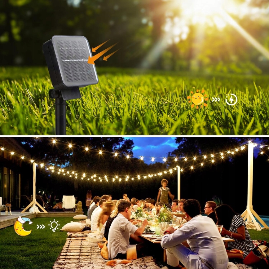 Guirnalda solar decorativa LED de 30 LEDs / 8 funciones, 500 mAh, 10,6 m, IP67, blanco cálido