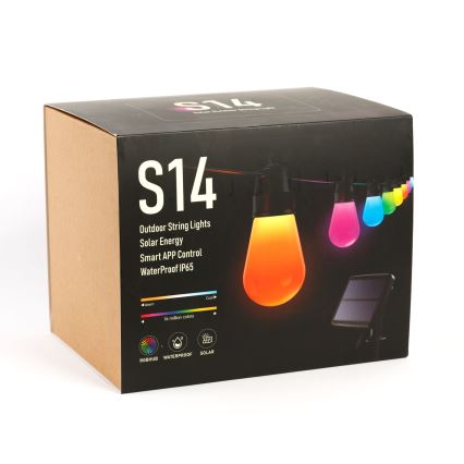 Guirnalda solar LED RGBIC regulable, 30 LEDs, 1,3 W, 3,7/5 V, batería 2200 mAh, 14,37 m, IP65, negro + mando a distancia