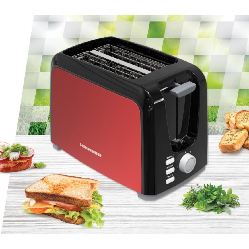 Heinner HTP-700BKRD - Tostadora de 2 ranuras 700W/230V rojo/cromo mate