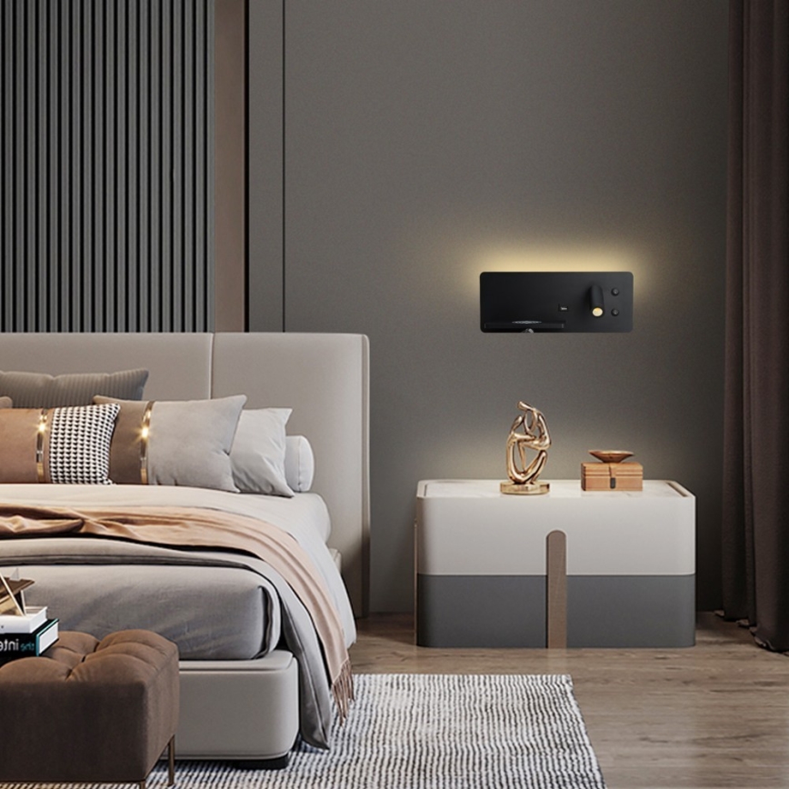 Immax 08288L - Foco LED de pared con estante, puerto USB y carga inalámbrica Be PREPARE LED/3W/230V + LED/3W negro