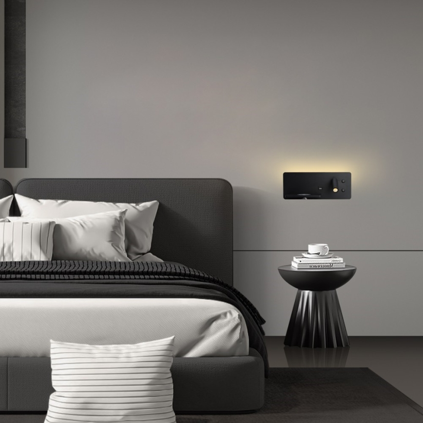 Immax 08288L - Foco LED de pared con estante, puerto USB y carga inalámbrica Be PREPARE LED/3W/230V + LED/3W negro