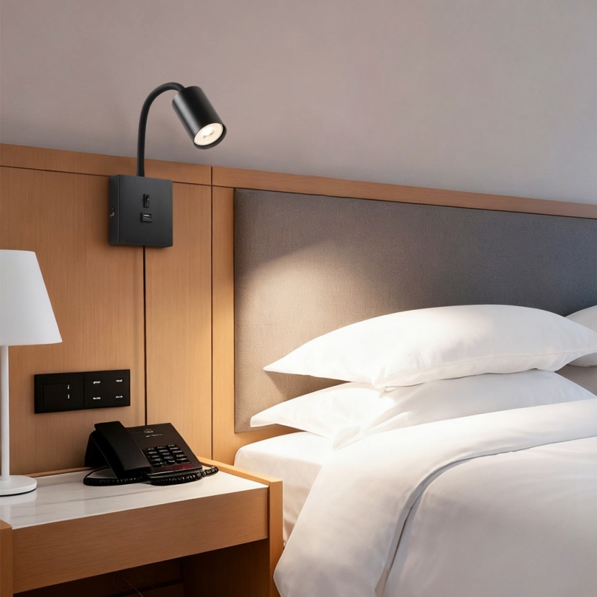 Lámpara de pared con USB PUNTO 1xGU10/9W/230V negra