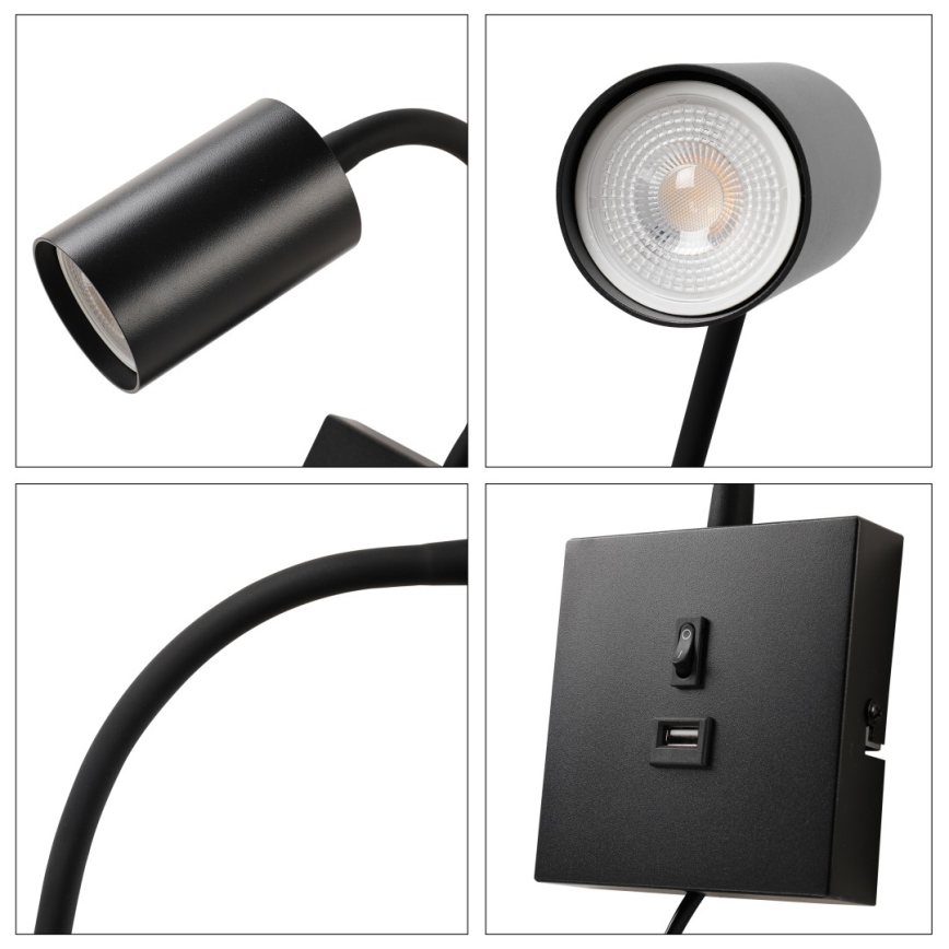 Lámpara de pared con USB PUNTO 1xGU10/9W/230V negra