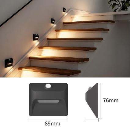 Luz LED recargable para escalera con sensor de movimiento y crepúsculo STEP LIGHT LED/0,3W/3,7V 2200 mAh IP53 negro