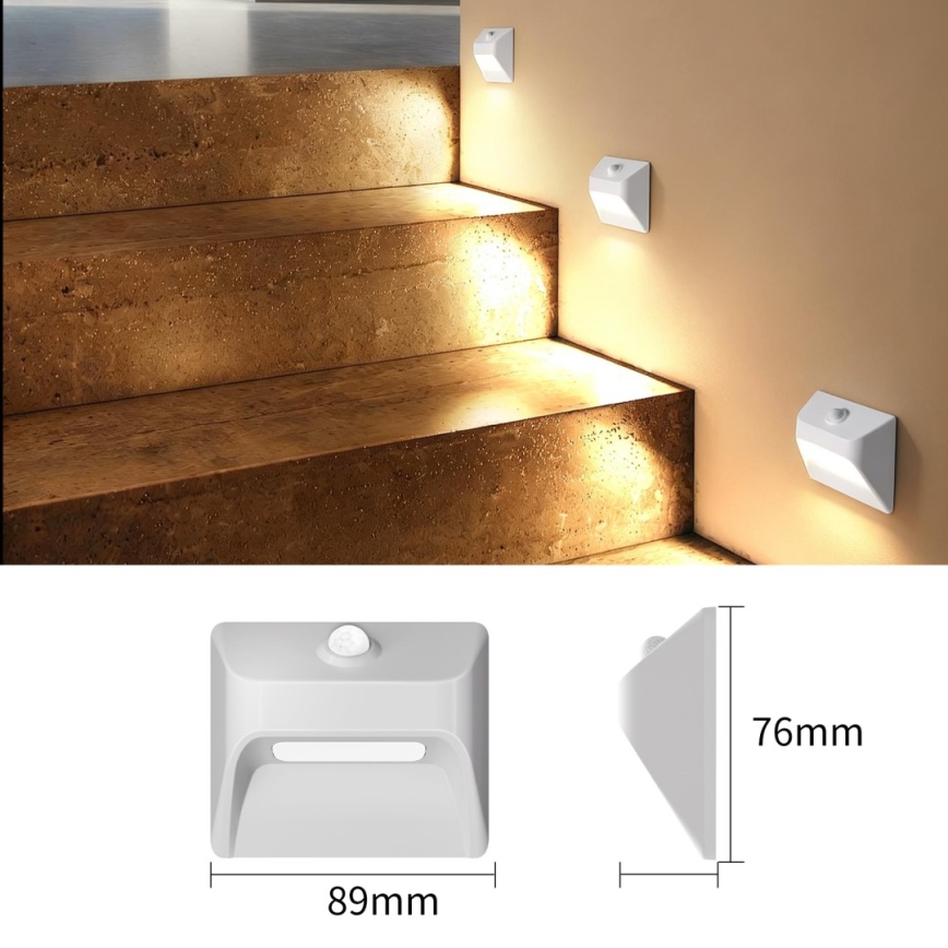 Luz LED recargable para escalera con sensor de movimiento y crepúsculo STEP LIGHT LED/0,3W/3,7V 2200 mAh IP53 blanca