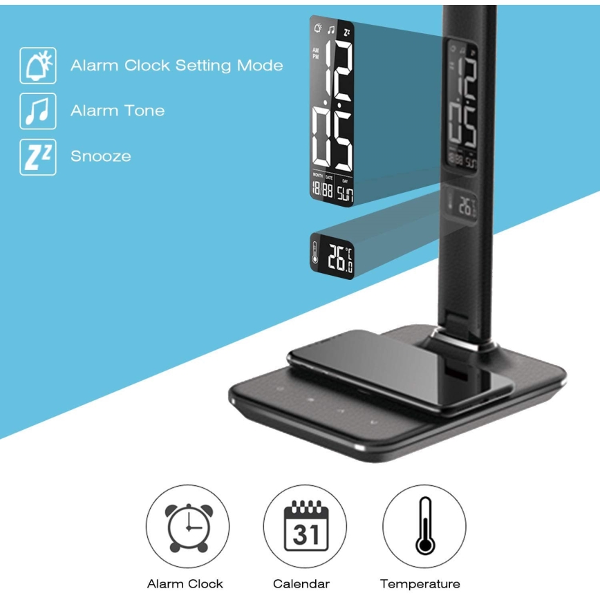 Lámpara de mesa LED regulable con cargador inalámbrico QI y USB KINGFISHER LED/8,5W/230V negro