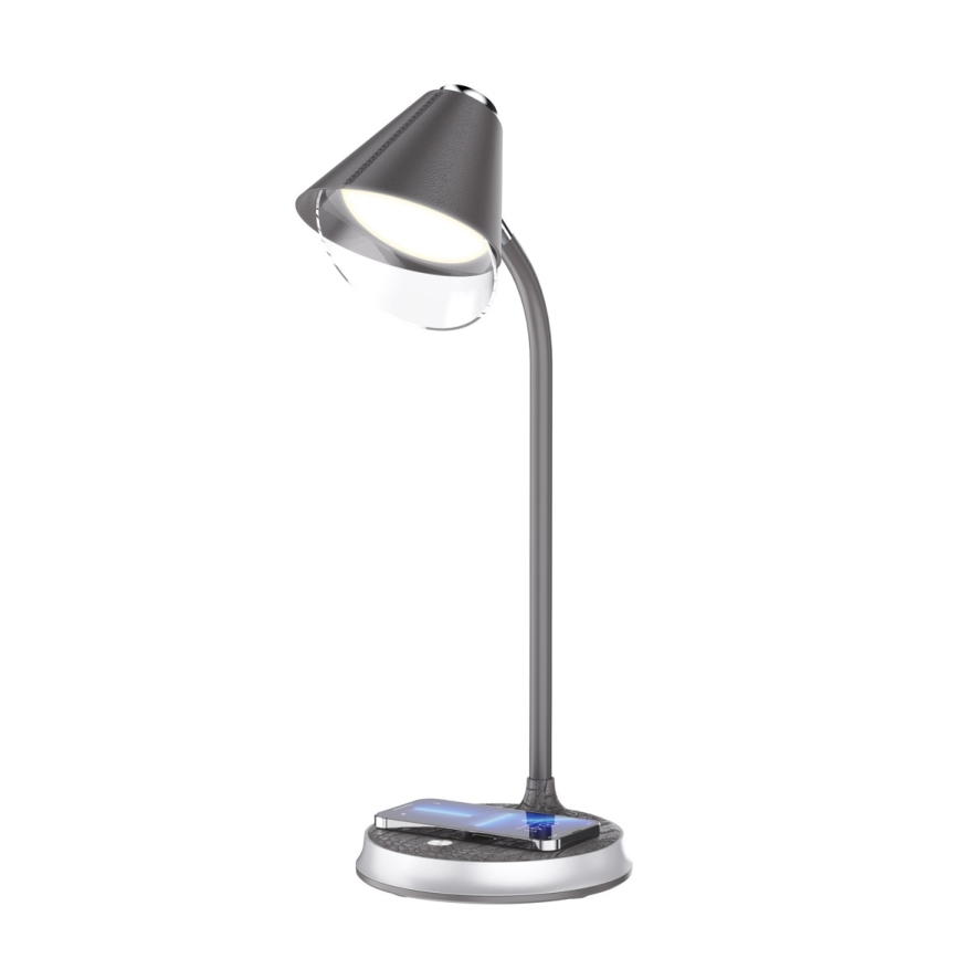 Lámpara de mesa LED regulable con cargador inalámbrico FINCH LED/9W/12/230V gris/cromo brillante