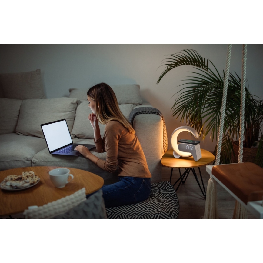 Immax 08986L - Lámpara LED RGB regulable con despertador y carga Qi 30W/230V dorado