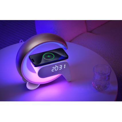 Immax 08986L - Lámpara LED RGB regulable con despertador y carga Qi 30W/230V dorado