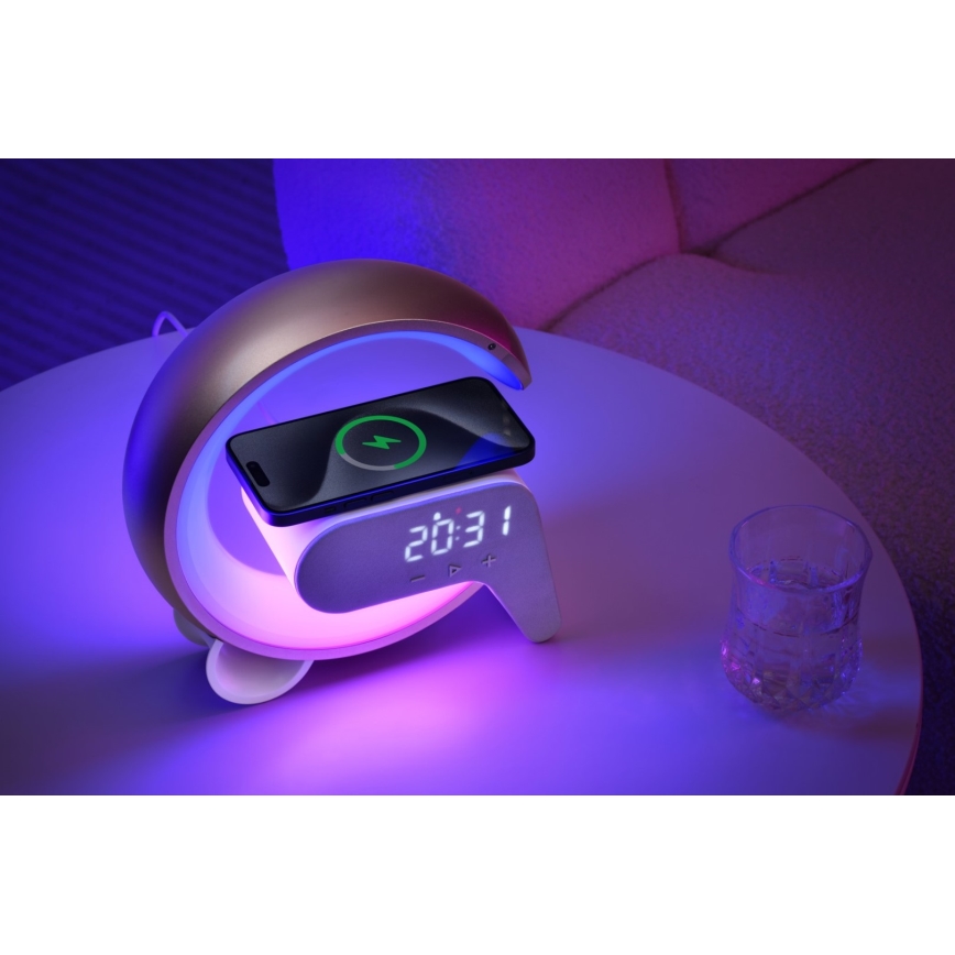 Immax 08986L - Lámpara LED RGB regulable con despertador y carga Qi 30W/230V dorado