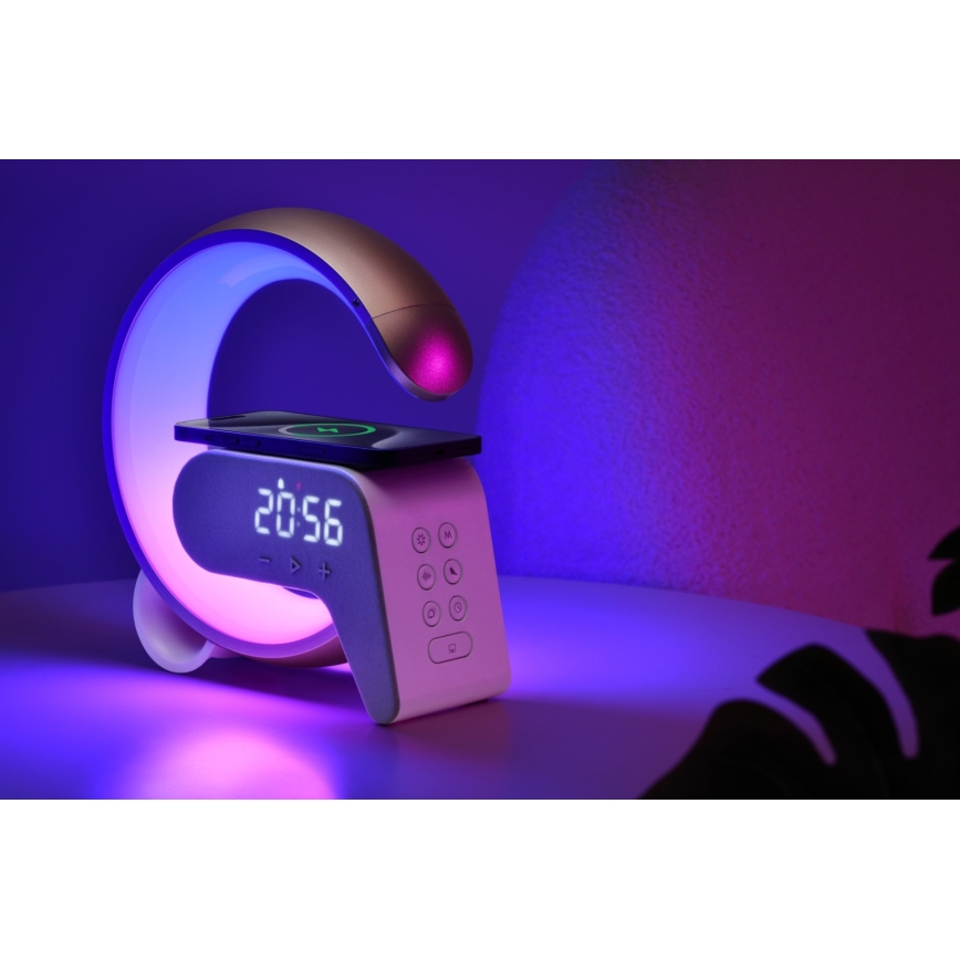 Immax 08986L - Lámpara LED RGB regulable con despertador y carga Qi 30W/230V dorado