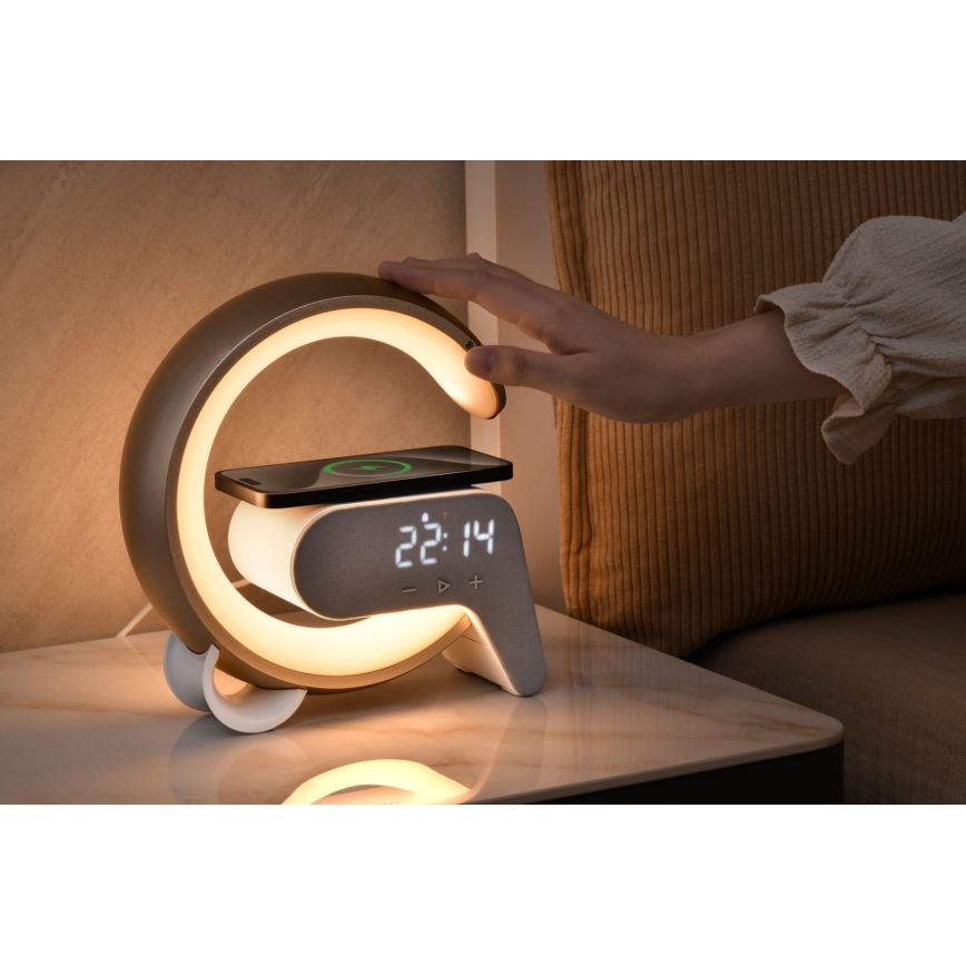 Immax 08986L - Lámpara LED RGB regulable con despertador y carga Qi 30W/230V dorado