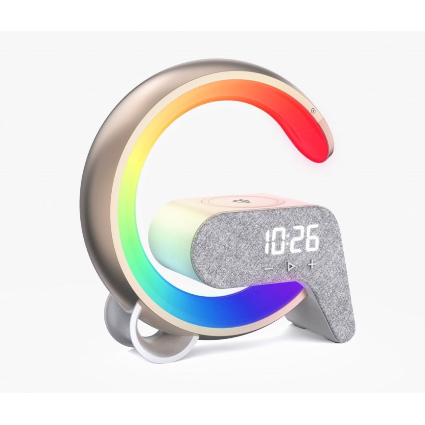 Immax 08986L - Lámpara LED RGB regulable con despertador y carga Qi 30W/230V dorado