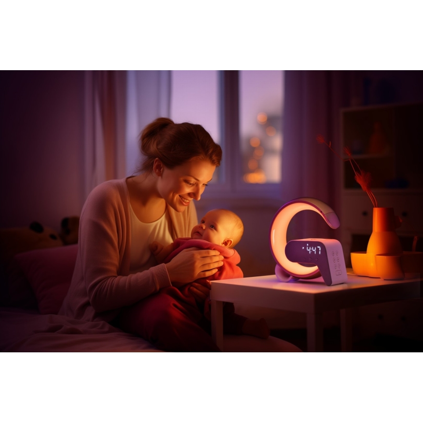 LED RGB Lámpara de mesa con dimmer con despertador y Qi cargando 30W/230V plata