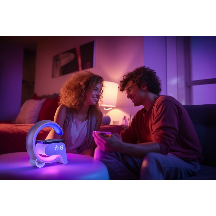 LED RGB Lámpara de mesa con dimmer con despertador y Qi cargando 30W/230V plata