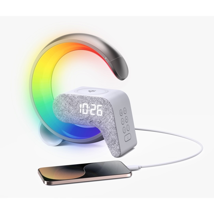 LED RGB Lámpara de mesa con dimmer con despertador y Qi cargando 30W/230V plata