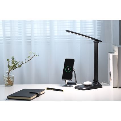 Lámpara de sobremesa LED regulable con carga inalámbrica Qi y USB LUMI LED/7W/230V negra