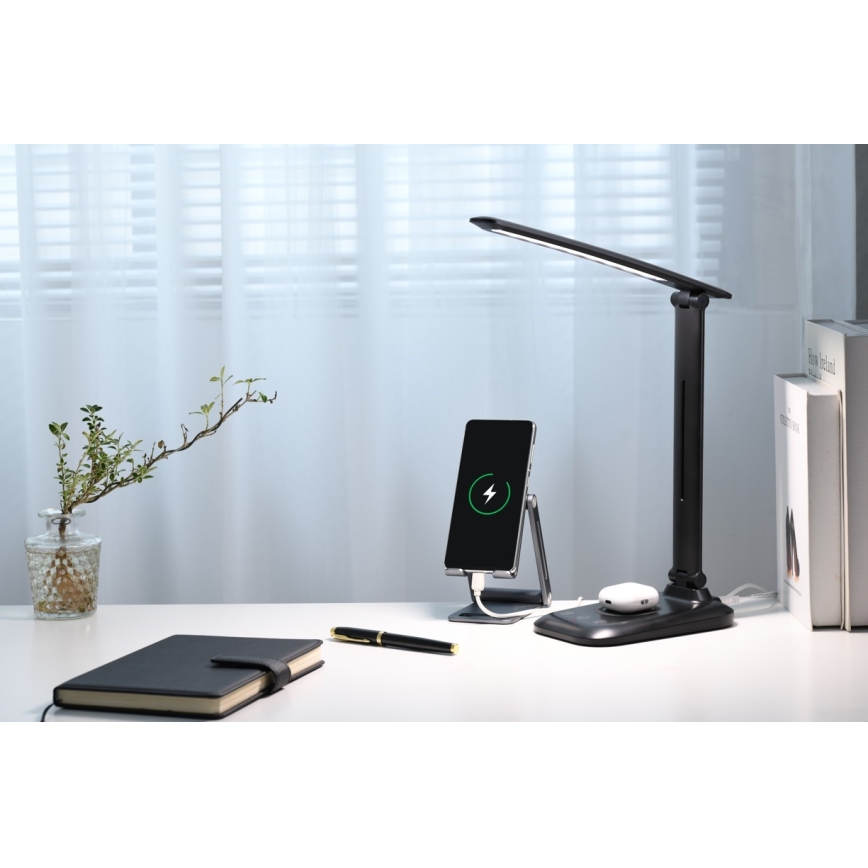 Lámpara de sobremesa LED regulable con carga inalámbrica Qi y USB LUMI LED/7W/230V negra