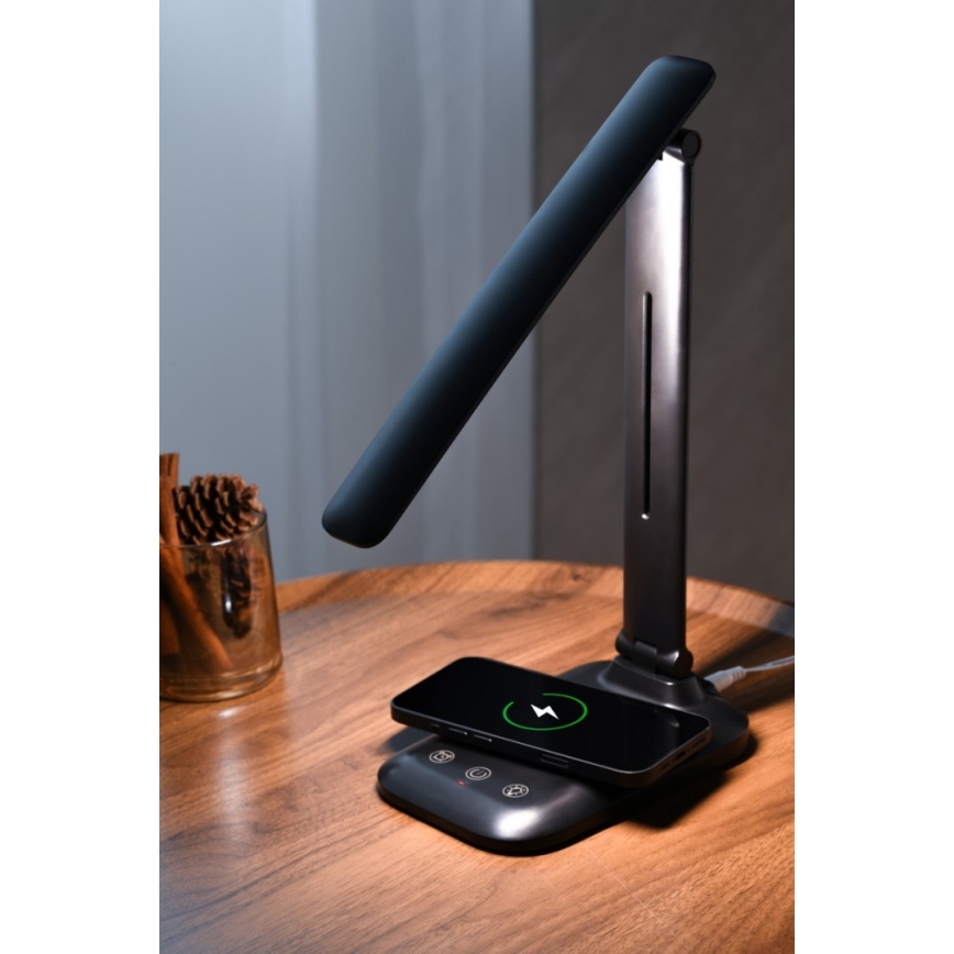 Lámpara de sobremesa LED regulable con carga inalámbrica Qi y USB LUMI LED/7W/230V negra