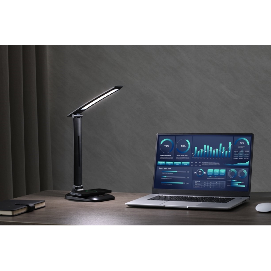 Lámpara de sobremesa LED regulable con carga inalámbrica Qi y USB LUMI LED/7W/230V negra