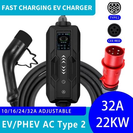 Immax - Estación de carga portátil para vehículos eléctricos EV AC Tipo 2 32A/380V 22kW + enchufe 230V 5m Wi-Fi Tuya