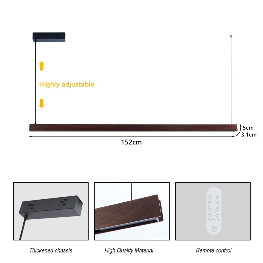 Immax NEO 07301L - Lámpara colgante LED regulable con cable MADEIRA LED/33W/230V Wi-Fi Tuya 152 cm nogal + mando a distancia