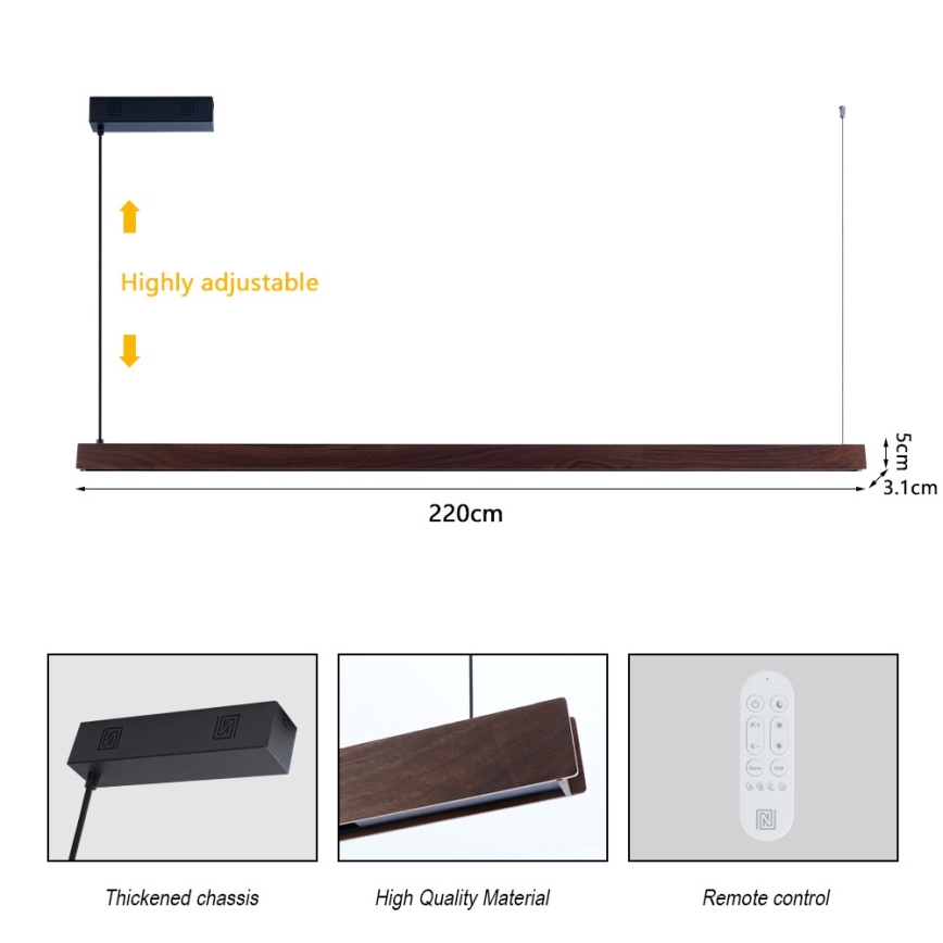 Immax NEO 07302L - Lámpara colgante LED regulable suspendida por cable MADEIRA LED/44W/230V Wi-Fi Tuya 202 cm nogal + mando a distancia