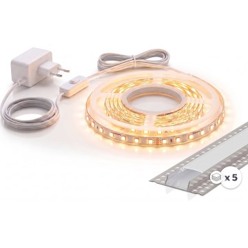 Juego 1x tira LED MYLIVING LIGHTSTRIP LED/22W/230V 5 m + 5x perfiles empotrables de 1 m plateado/blanco