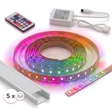 Juego 1x tira LED RGBW regulable DIGITAL LED/16,5W/230V 5 m + 5x perfil empotrable 1 m plata/blanco + mando a distancia